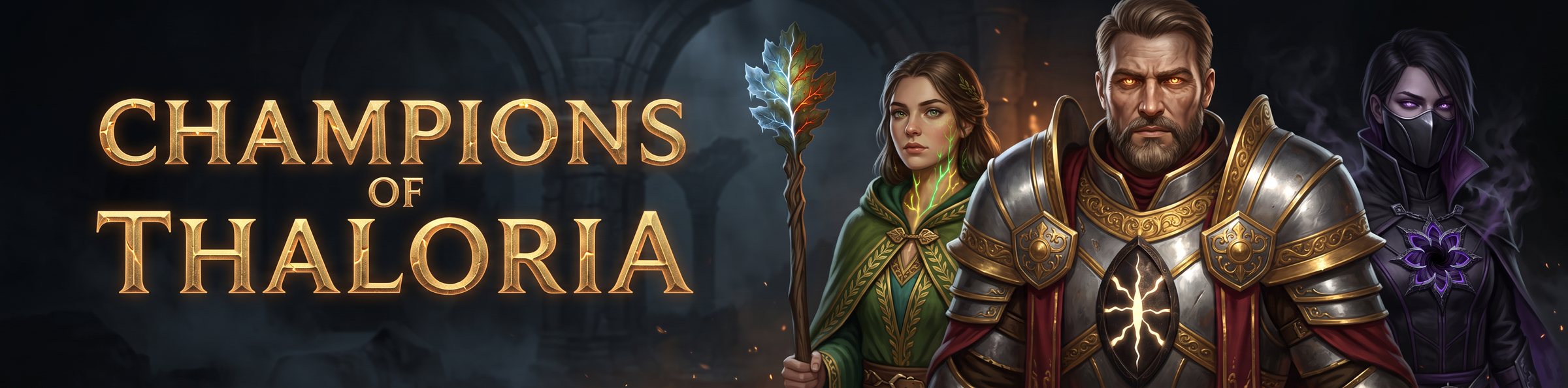 Champions of Thaloria — a wizard, a paladin and a fallen standing together in a ruined hall